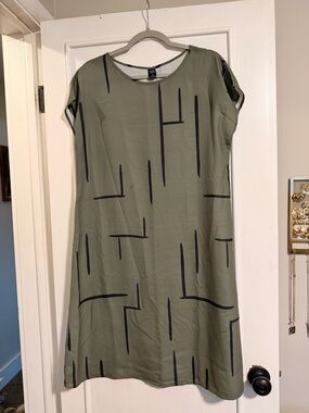 Olive Green Shift Dress with Black Geometric Print